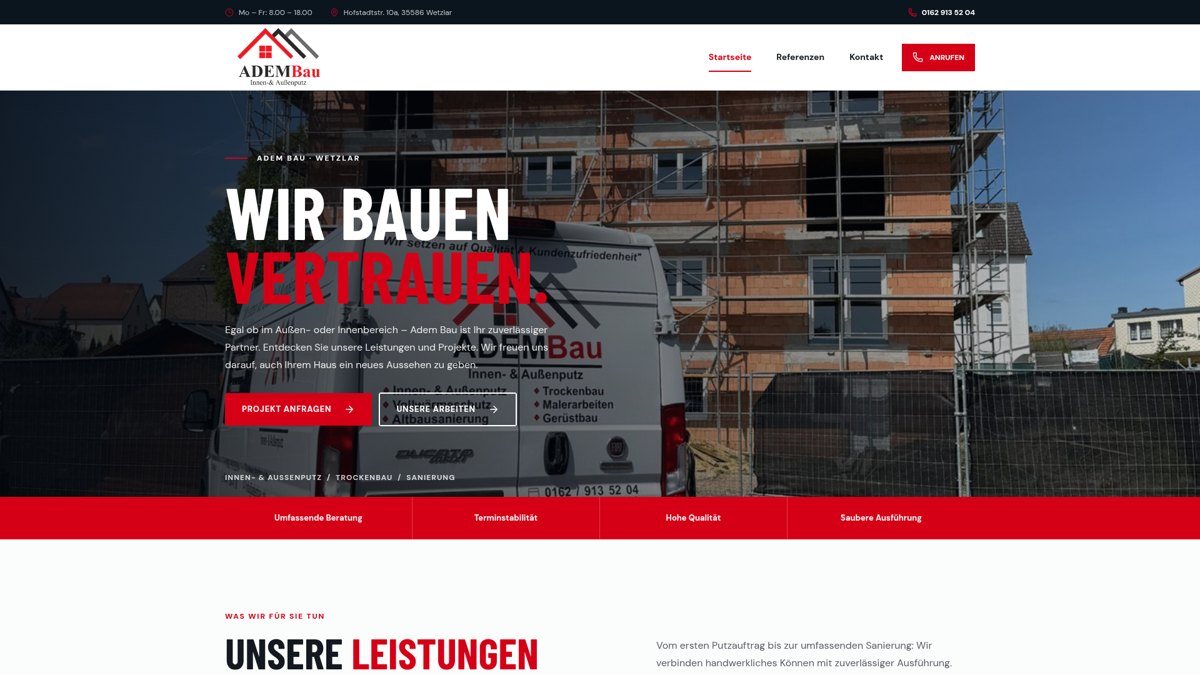 Echte Bildschirmaufnahme der Website Adem Bau