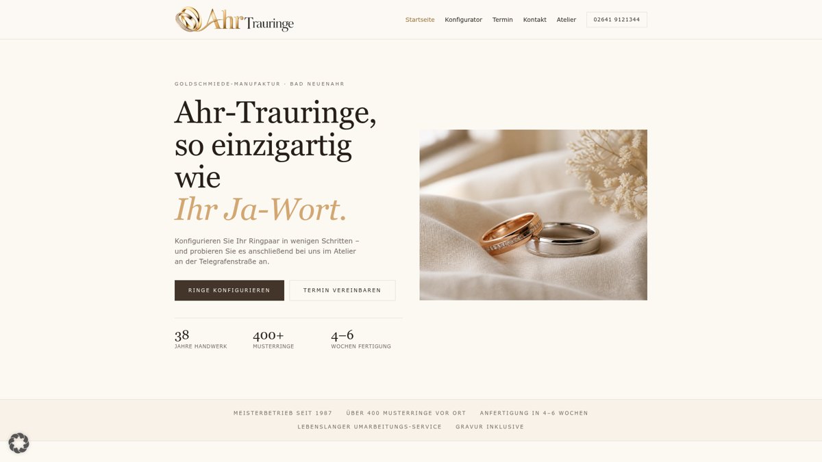 Echte Bildschirmaufnahme der Website AHR Trauringe