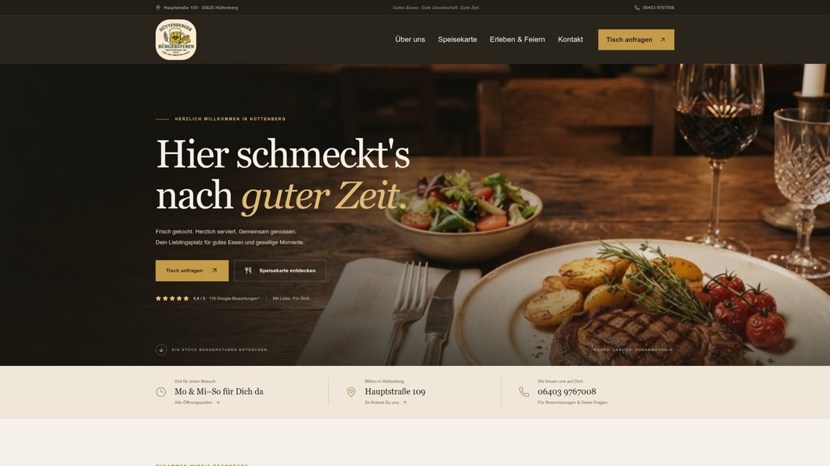 Echte Bildschirmaufnahme der Website Bürgerstuben Hüttenberg