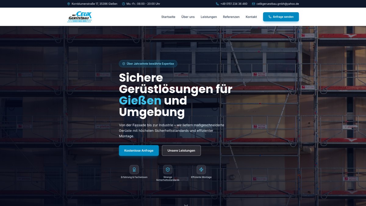 Echte Bildschirmaufnahme der Website Çelik Gerüstbau