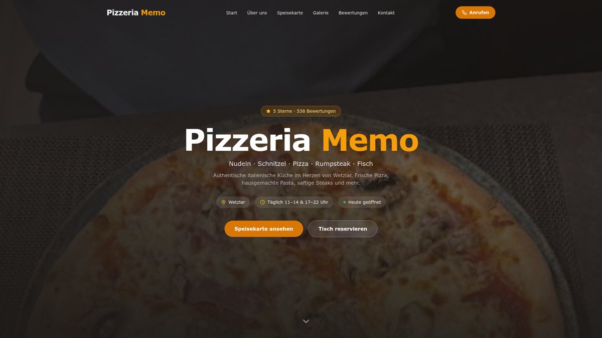 Echte Bildschirmaufnahme der Website Pizzeria Memo Wetzlar
