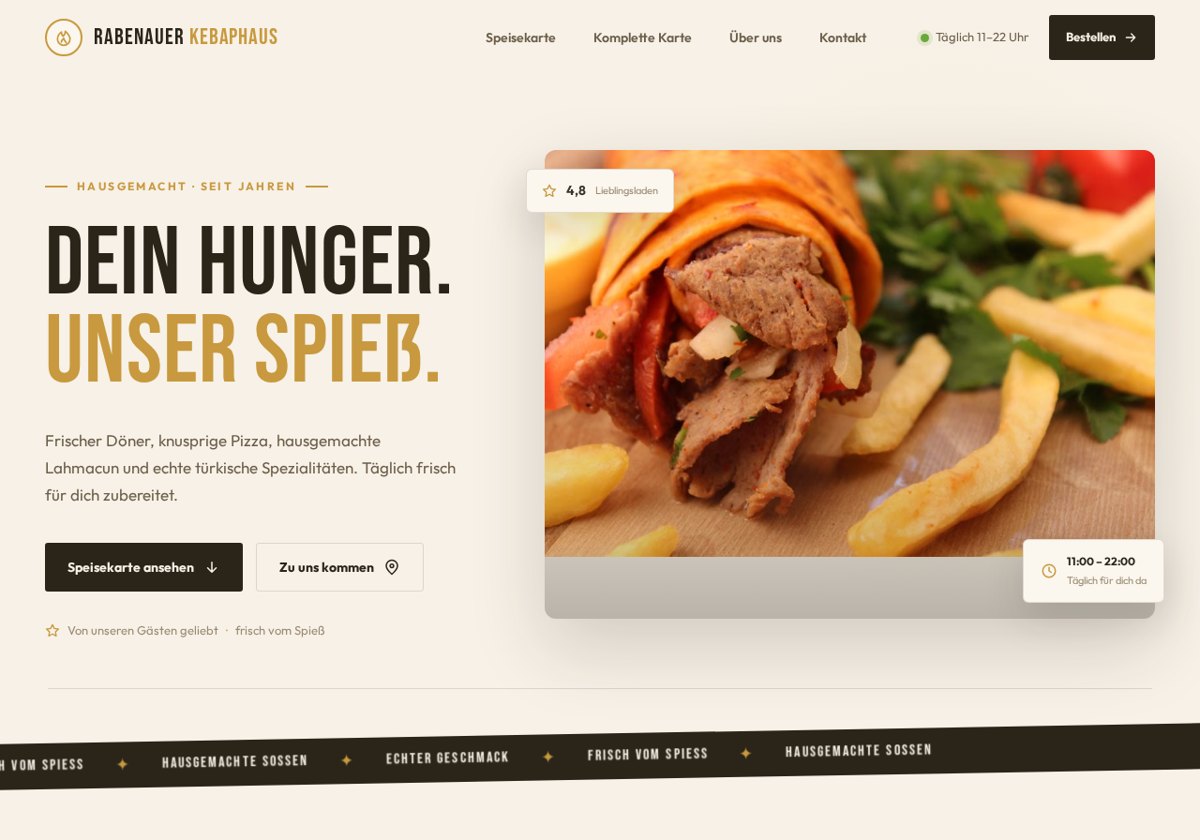 Echte Bildschirmaufnahme der Website Rabenauer Kebaphaus