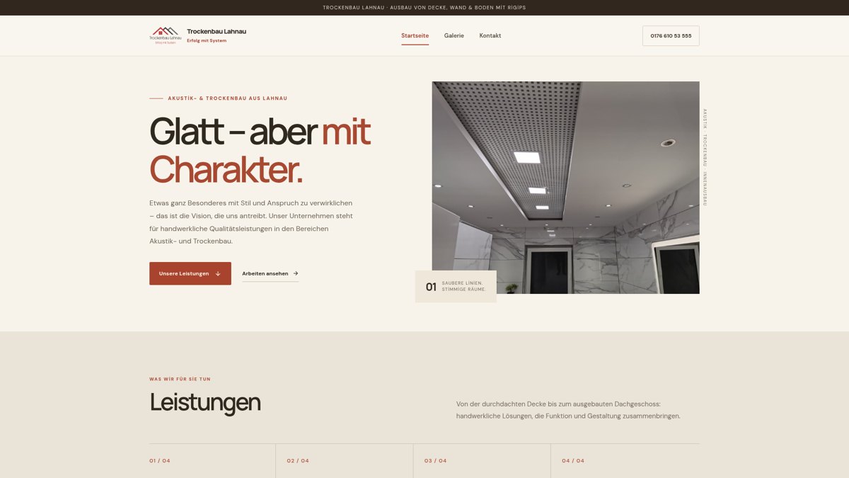 Echte Bildschirmaufnahme der Website Trockenbau Lahnau