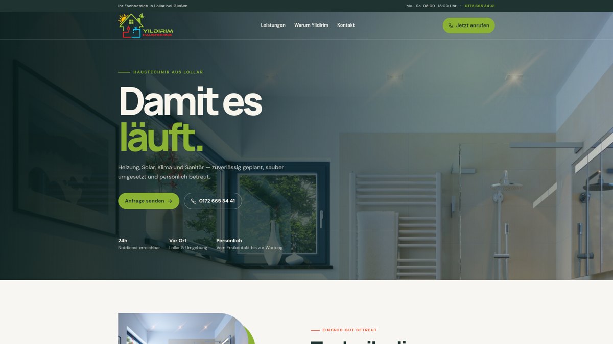 Echte Bildschirmaufnahme der Website Yildirim Haustechnik